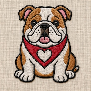 Pode incluir: Um emblema bordado apresentando um bulldog castanho e branco com um contorno preto. O cão usa uma bandana vermelha com um coração branco no centro. O bulldog tem um rosto enrugado, olhos escuros e uma língua rosa visível no bordado.