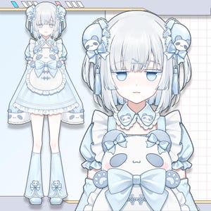 Puede incluir: Ilustración de un personaje con un atuendo azul claro y blanco. El atuendo incluye un vestido con diseño de panda, calentadores de piernas a juego y accesorios para el cabello. El personaje tiene cabello blanco y ojos azules.
