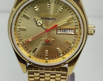 Vintage Citizen 36MM Automatic 8200 Japan Made Day-Date  Golden Dial Men's Wrist Watch