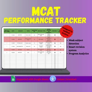 May include: A laptop screen displays an MCAT Performance Tracker spreadsheet. The title is in yellow, with the words "Designed by medical student" in a red circle. Features include weak subject detection, a smart revision system, and progress analytics. The bottom has "Supported with Google sheets" and "Instant Download".