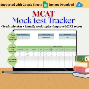 May include: A laptop screen displays a spreadsheet titled "MCAT Mock test Tracker." The screen shows test details, average score, and best score. A stack of colorful books sits to the right. Text includes "Track mistakes," "Identify weak topics," and "Improve MCAT scores."