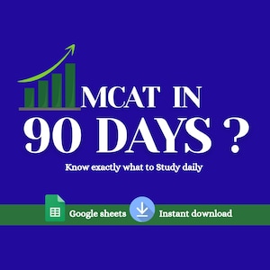 Puede incluir: Gráfico azul con el texto "MCAT IN 90 DAYS ?" y "Know exactly what to Study daily." Incluye un gráfico verde e iconos para Google Sheets y descarga instantánea.