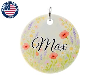Floral Meadow Personalized Dog ID Tag, Custom Round Pet Name Tag, Botanical Double-Sided Dog Tag, Customizable Pet Collar Tag