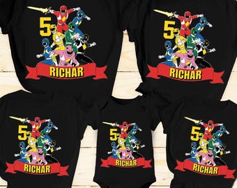 Power Rangers Mighty Morphin Personalisiertes Geburtstags-Jugend-Shirt Benutzerdefinierte Name Alter Kinder Superheld Rangers-Gruppen-T-Stück Geburtstagsgeschenk Party Outfit
