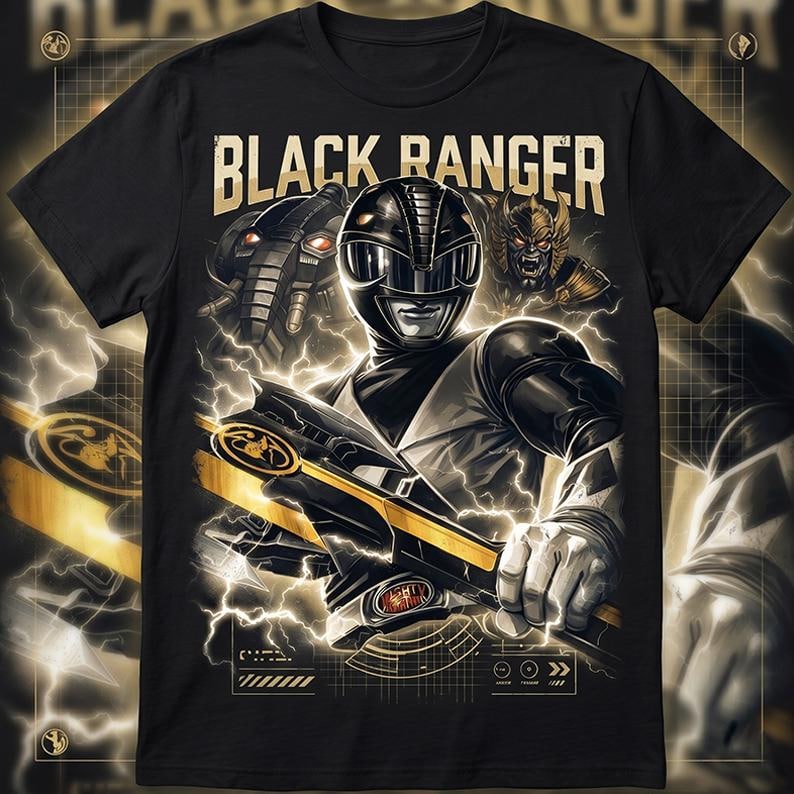 K&ouml;nnte beinhalten: Schwarzes T-Shirt mit einer Grafik des Black Rangers von Power Rangers. Das Design enth&auml;lt den Text "BLACK RANGER" in goldener Schrift sowie Illustrationen der Figur und anderer Elemente. Blitze und ein futuristisches Design vervollst&auml;ndigen den Look.