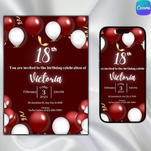 Red and White 18th Birthday Invitation, Neon Glow, Editable Canva Template (Digital Download)