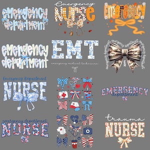 May include: A collection of designs featuring text related to emergency medical services. The designs include the words "Emergency Department," "Nurse," and "EMT," with decorative bows and floral patterns. Some designs incorporate medical symbols.