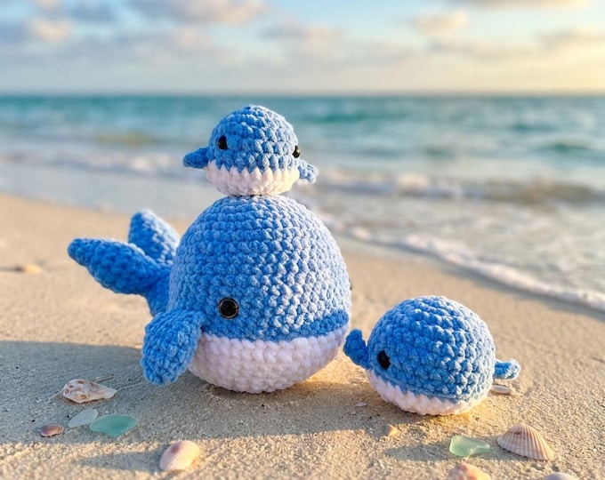 Crochet Whale Family Set Of Four Amigurumi Plush, crochet sea creature, amigurumi ocean, ocean plush, Handmade Gift