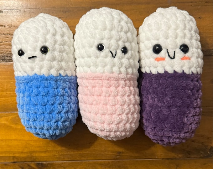 Crochet Chill Pill Amigurumi Plush, crochet plush, amigurumi decor, desk buddy, Handmade Gift