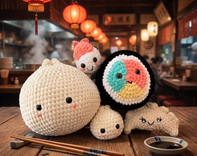 Crochet Dumpling, Ebi Shrimp And Sushi Plush Set Amigurumi Plush, crochet food plush, kawaii food, amigurumi dumpling, Handmade Gift