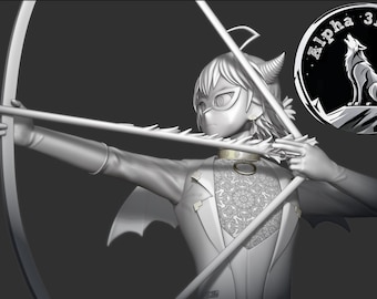 May include: A grayscale 3D model of a character with a mask, horns, and a bow and arrow. The character is holding the bow, aiming at a target. The image includes a circular logo with a wolf and the text "Alpha 3D Art."