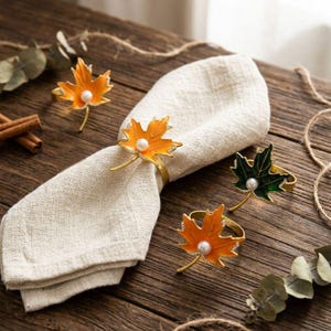 Gold Enamel Maple Leaf Napkin Rings, Autumn Fall Table Decor