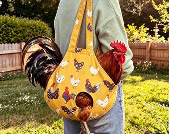 May include: A mustard yellow canvas tote bag featuring a repeating pattern of various chickens and roosters. The bag has a circular opening at the bottom and is designed to carry a live rooster, which is visible inside the bag.