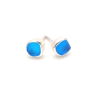 Mini Eco Hand Tumbled Small Mini Sea Glass Stud Earrings Bezel Set in Sterling Silver & Gold Vermeil