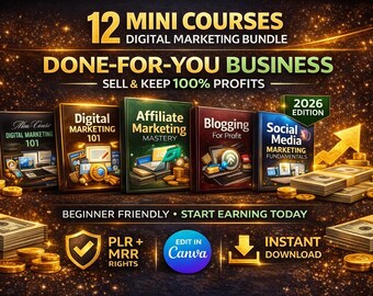 Digital Marketing 12 Mini Course Bundle with PLR & MRR Master Resell Rights, Canva Editable Templates, Digital Product, Instant Download