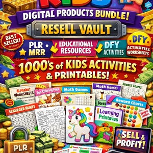 May include: A vibrant graphic promoting a digital products bundle for kids, featuring the text "ULTIMATE KIDS" and "DIGITAL PRODUCTS BUNDLE!" with various educational resources, worksheets, and printables. Includes a laptop with "SELL & PROFIT!" on the screen.