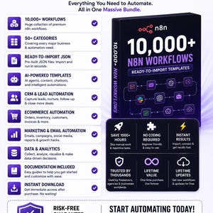 Puede incluir: Un anuncio de producto digital para m&aacute;s de 10,000 flujos de trabajo n8n con una caja negra con texto blanco, una lista de caracter&iacute;sticas que incluyen plantillas de IA, automatizaci&oacute;n CRM y an&aacute;lisis de datos, y una garant&iacute;a.