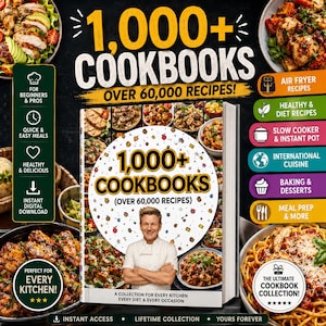 May include: A digital cookbook collection featuring the text 1,000+ COOKBOOKS OVER 60,000 RECIPES! The cover displays a chef in a white uniform, surrounded by various food images, including pasta, chicken, and vegetables, with categorized recipe labels.