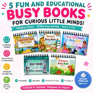 May include: A set of five spiral-bound busy books featuring themes of construction, animals, mermaids, robots, and dinosaurs. The collection includes text labels for each theme, a space to write a name, and colorful illustrations for educational use.