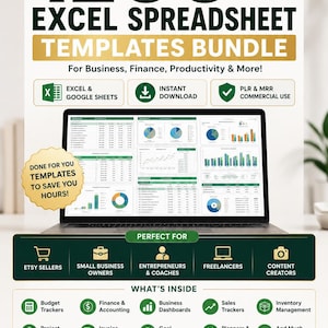 Op de afbeelding: Een afbeelding met een Excel spreadsheet templates bundel met meer dan 1200 templates. Kenmerken zijn Excel & Google Sheets, direct downloaden en commercieel gebruik. Het is bedoeld voor Etsy-verkopers, kleine bedrijfseigenaren en ondernemers. Inclusief budget trackers, dashboards en meer.