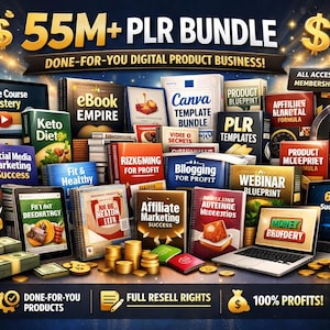 55 M+ PLR Bündel | Done-For-You Digitale Produkte, eBooks, Kurse (Wiederverkaufsrechte)