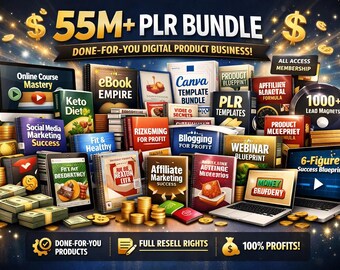 Bundel van 55 M+ PLR | Digitale productbusiness klaar voor jou | Doorverkooprechten | Starterspakket passief inkomen | Canva-sjablonen, e-boeken en cursussen