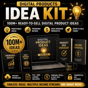 May include: A promotional image for digital products, featuring the text "IDEA KIT" and "100M+ READY-TO-SELL DIGITAL PRODUCT IDEAS." The image includes a laptop, tablet, smartphone, and books, all promoting digital product ideas. The color scheme is black and gold.