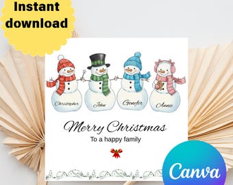 Familie Weihnachtskarte Vorlage | Personalisiert | Benutzerdefinierte Namen | Weihnachtsgruß | Schneemann Printable | Personalisierbar