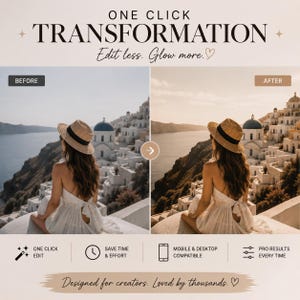 Puede incluir: Imagen que compara la edición de fotos antes y después. El texto dice "ONE CLICK TRANSFORMATION" y "Edit less. Glow more." Una mujer con un vestido blanco y sombrero de paja se ve antes y después de la edición, con vistas a una ciudad costera. Con "One Click Edit" y "Pro Results Every Time."
