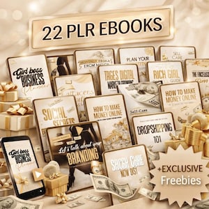 May include: An image showcasing a collection of 22 PLR eBooks with titles like "Girl Boss Business Planner", "Social Secrets", and "How to Make Money Online". The books are arranged with cash and gift boxes, suggesting a business or financial theme.