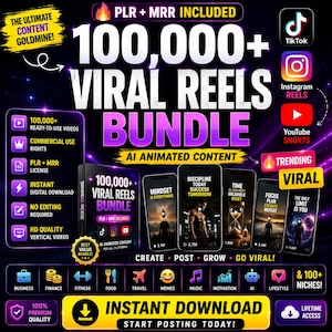 Peut inclure: Une publicité pour un lot de produits numériques avec le texte 100,000+ VIRAL REELS BUNDLE. Le graphique inclut des icônes pour TikTok, Instagram Reels et YouTube Shorts, ainsi que des listes de fonctionnalités comme PLR + MRR included, instant digital download et HD quality vertical videos. Plusieurs écrans de smartphones affichent du contenu vidéo motivationnel.