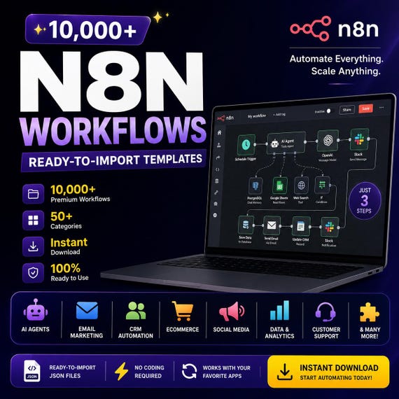 10,000+ n8n Workflow Templates, AI Automation Pack (Digital Download)