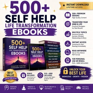 Könnte beinhalten: Eine digitale Sammlung von 500+ Selbsthilfe-E-Books mit einem Buchcover und einem Tablet, das eine Bergsilhouette zeigt. Enthält Textbeschriftungen für Premium-Inhalte, sofortigen Zugriff und private Wiederverkaufsrechte.
