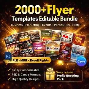 May include: A promotional image showcasing a bundle of over 2000 flyer templates. The design includes various flyer examples for business, marketing, events, parties, and real estate. The bundle includes editable templates, PSD & Canva formats, and high-quality designs.
