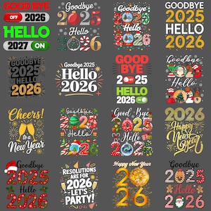 Puede incluir: Una colección de diseños gráficos coloridos con texto relacionado con las celebraciones de Año Nuevo. Los diseños incluyen frases como "Goodbye 2025, Hello 2026" y "Happy New Year", con imágenes festivas.