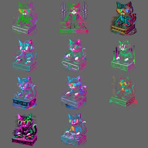 Puede incluir: Una colección de nueve ilustraciones vibrantes de gatos con gafas de sol y pinchando en mesas de mezclas. Cada gato tiene una combinación de colores única, con tonos de rosa, verde, azul y amarillo. El tema general es la música y la vida nocturna.