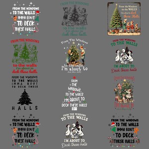 Op de afbeelding: Een verzameling kerstthema-ontwerpen met tekst. De zinnen "From the Windows to the Walls" en "I'm about to Deck These Halls" zijn te zien. De ontwerpen omvatten kerstbomen, kinderen en feestelijke decoraties.