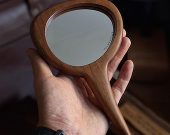 Handmade Wooden Hand Mirror, Engraved Vanity Makeup Accessory