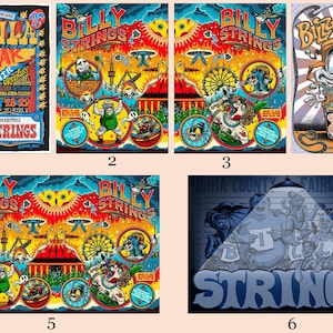 May include: A collection of six rectangular concert posters featuring Billy Strings. The designs include vibrant, multi-colored illustrations of carnival scenes, surreal characters, and bold typography, with one poster depicting a mugshot-style lineup.