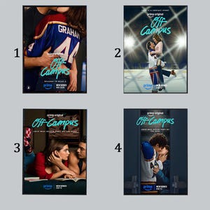Puede incluir: Cuatro carteles enmarcados con el título "Off Campus" y escenas románticas. Los carteles incluyen el logotipo de Amazon Prime y el texto "New Series May 2026" o "May 13". Los carteles presentan parejas abrazándose.