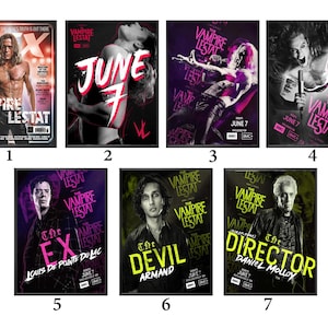 Op de afbeelding: Een verzameling van zeven promotieposters voor de serie "The Vampire Lestat". Elke poster toont een ander personage of scène, met de titel van de serie en de datum "7 juni" prominent aanwezig. De posters hebben een donkere, gotische uitstraling.