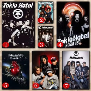May include: A collection of seven posters featuring the band Tokio Hotel. The posters showcase the band members in various poses, with the band's logo and album titles prominently displayed. The posters are in various colors, including black, white, and red.