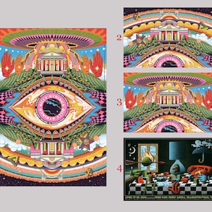 Puede incluir: Un colorido cartel de concierto con un diseño central de ojo y el texto "Billy Strings". El cartel incluye un edificio, manos y una forma similar a un OVNI. La esquina inferior derecha tiene el texto "April 17-18, 2028. John Paul Jones Arena, Charlottesville, VA."
