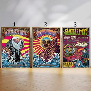 May include: Three framed posters with vibrant artwork. The first features a Dalmatian dog wearing sunglasses, the second a sun with a face, and the third a skull with wings. All posters have the word "SUBLIME" in stylized text.