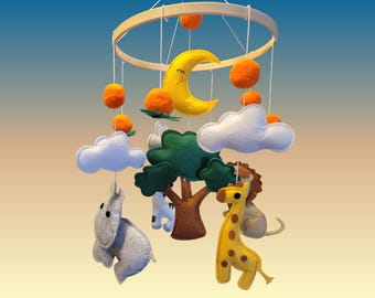 Animal Baby Mobile, Safari Lion Zebra Giraffe Crib Mobile, Eco-Friendly, Baby Shower Gift, Hand-Sewed Handmade