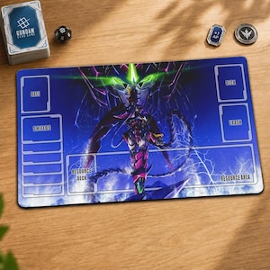 May include: A rectangular Gundam card game playmat featuring a central illustration of a purple and black mecha robot with glowing green eyes. The mat includes designated zones labelled Base, Shields, Resource Deck, Deck, Trash, and Resource Area.