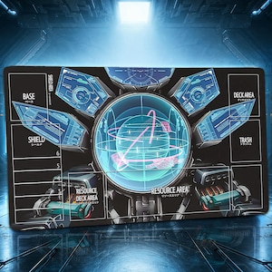 May include: A rectangular gaming playmat featuring a dark, futuristic sci-fi interface design. The layout includes labeled zones for Base, Shield, Deck Area, Trash, and Resource Area, with a central glowing blue holographic sphere graphic.