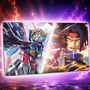 May include: A rectangular desk mat featuring a split-screen illustration. On the left, a blue, white, and red mechanical robot with a golden crest. On the right, a dark-haired character with a red headband, surrounded by glowing yellow energy.