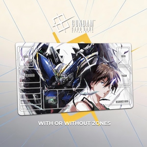 May include: A rectangular playmat for the Gundam Card Game featuring a blue and white robot illustration alongside a brown-haired character. The mat includes printed game zones labeled Base, Shields, Resource Deck, Deck, Trash, and Resource Area.
