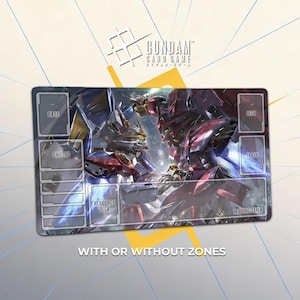 May include: Rectangular Gundam card game playmat featuring two robots in battle, with a blue and red color scheme. The mat includes zones for base, shields, resource deck, deck, trash, and resource area. Text at the top reads "GUNDAM CARD GAME". The bottom text reads "WITH OR WITHOUT ZONES".